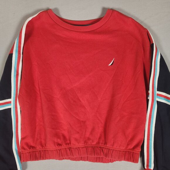 Nautica Sweatshirt Women M Red Colorblock Crop Pullover Logo Striped Sleeve - Picture 3 of 7